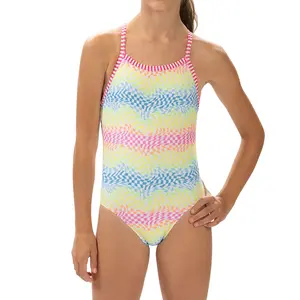 Custom Pretty Teen Swimsuit Girls Rainbow Check Printed 1 Piece Swimsuit Kids Beachwear Baby Swimwear
