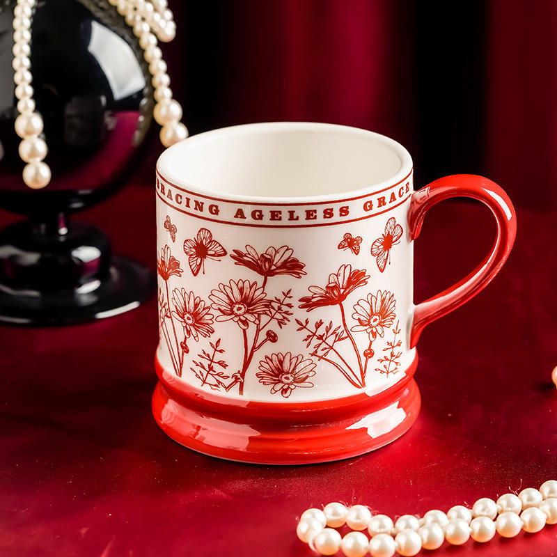 แก้วเดี่ยวสีเบอร์กันดีลายดอกเดซี่