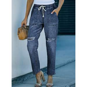 Joggers de mezclilla rasgados de cintura alta para mujer 2025, pantalones Cargo azules con cordón elástico en la cintura, estilo acampanado, talla 4 - Product Image 4