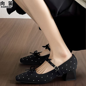 Zapatos de tacón alto antideslizantes de cuero con tacones gruesos, zapatos de mujer, punta cuadrada, estilo Mary Jane, estilo francés - Product Image 2