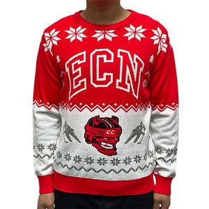 <span class=keywords><strong>Pull</strong></span> <span class=keywords><strong>de</strong></span> Noël tricoté ample à col rond, motif <span class=keywords><strong>ski</strong></span> rouge et blanc, avec logo ECN, vente en gros d'usine pour les fêtes - Product Image 1
