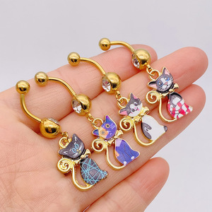 Fashion Stainless Steel Colorful Cat Dangle <strong>Belly</strong> Button <strong>Rings</strong> for Women Gold Color Crystal Cat Navel Piercing - Product Image 1