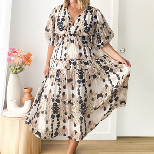 Vestido estampado <span class=keywords><strong>de</strong></span> vacaciones para mujer, escote en V profundo, elegante, Manga corta acampanada, cintura alta, vestido acampanado, bata <span class=keywords><strong>de</strong></span> fiesta colorida para mujer - Product Image 1