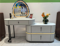 Coiffeuse moderne extensible avec miroir incurvé, éclairage LED, miroir amovible, tiroirs ovales, en MDF durable