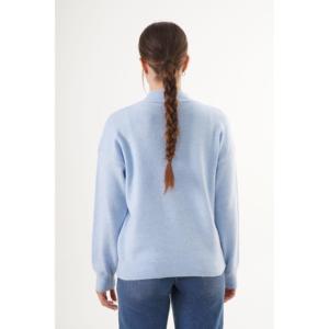 Pull en tricot à col haut pour femme, bleu ciel, manches régulières, style tendance - Product Image 1