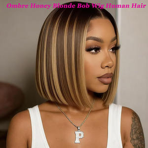 Parrucca Bob Ombré Biondo Miele con Highlights, Capelli Umani, Frontale in Pizzo 13x4, 14 Pollici, Parte Centrale, Colore 4/27, Senza Colla - Product Image 4