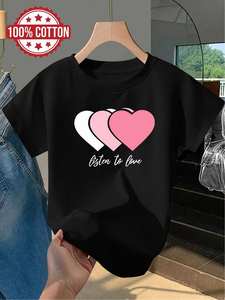 T-shirt da donna casual rosa con stampa a cuori, girocollo, manica corta, elegante per tutti i giorni, 100% cotone jersey, vestibilità comoda, primavera estate - Product Image 3