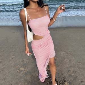 Robe midi asymétrique unie pour femme, froncée, à bretelles spaghetti, sans manches, avec découpes, coupe ajustée, ourlet à volants asymétrique, pour soirée et club - Product Image 2