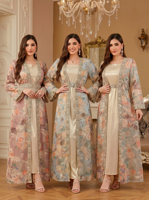 Ensemble Abaya Ouverte 2 Pièces pour Adultes en Polyester, Robe Musulmane Vintage à Imprimé Floral avec Bordure Strass, Kimono Extérieur et Satin Intérieur, Modeste pour Mariage