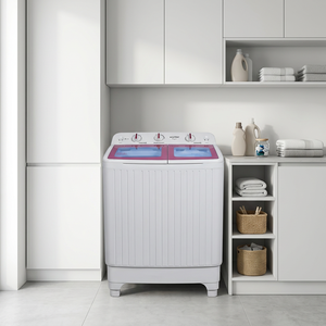 Lavadora semiautomática blanca con dos tinas para lavar ropa y centrifugar en casa, con detalles decorativos. - Product Image 2