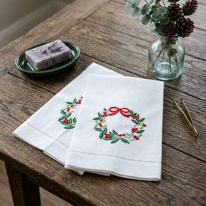 <b>Luxury</b> High Quality White Cotton Jacquard Hemstitch Tea Napkin Embroidered Holly Wrearth Christmas Disposable Home Sports - Product Image 3