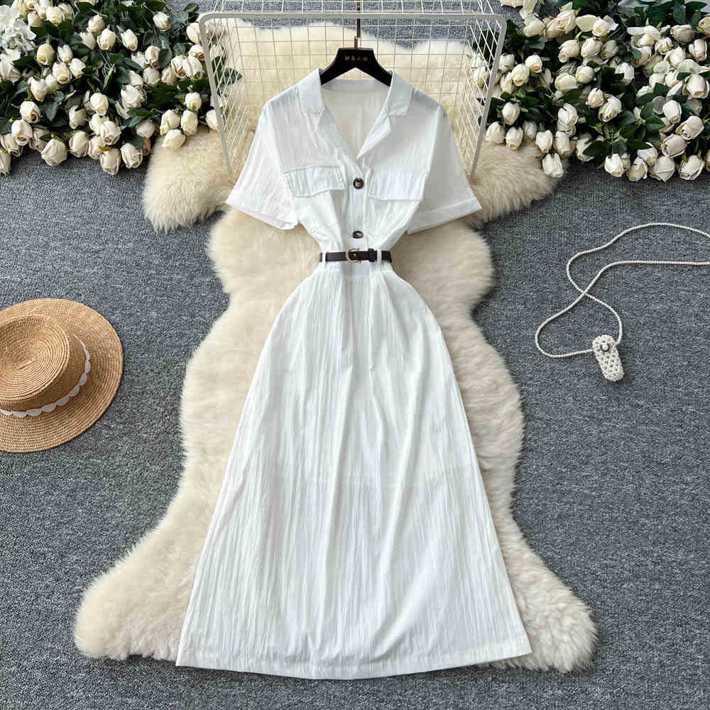 White Dress with Brown Belt - Elegant & Stylish Clothing