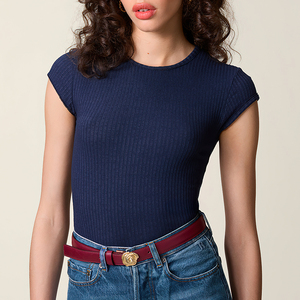 T-shirt Elegante da Donna per Primavera ed Estate, Blu Navy e Bianco, con Stampa e Maniche a Campana, Vestibilità Aderente in Vita - Product Image 2