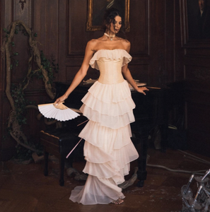 Conjuntos <span class=keywords><strong>para</strong></span> <span class=keywords><strong>mujer</strong></span> 2 piezas elegante y <span class=keywords><strong>bonito</strong></span> corsé con cordones y cuello oblicuo vestido largo <span class=keywords><strong>pastel</strong></span> conjunto gasa ropa femenina - Product Image 1