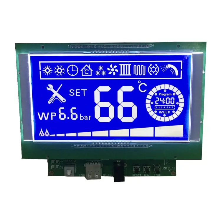 Modul Kontrol Layar LCM HTN STN LCD Latar Belakang Biru Karakter Grafis Multi Warna Kustom 7Segmen Tampilan Lcd