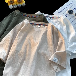 Men's Summer Linen Short <strong>Sleeved</strong> <strong>T</strong>-<strong>shirt</strong>, Cotton Linen <strong>Half</strong> <strong>Sleeved</strong> Loose Solid Color Base <strong>T</strong> <strong>Shirt</strong>, Fashionable Tshirt - Product Image 3