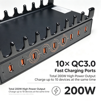 Station de charge rapide 200W à 10 ports QC3.0 avec coque en aluminium, hub de charge USB multi-appareils avec support pour téléphone et tablette