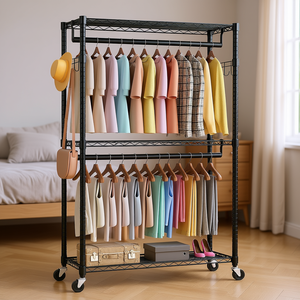 Estante de Ropa Rodante de 3 Niveles de Alta Resistencia con Ruedas y Ganchos para Almacenamiento en Armarios, Estilo Industrial - Product Image 2