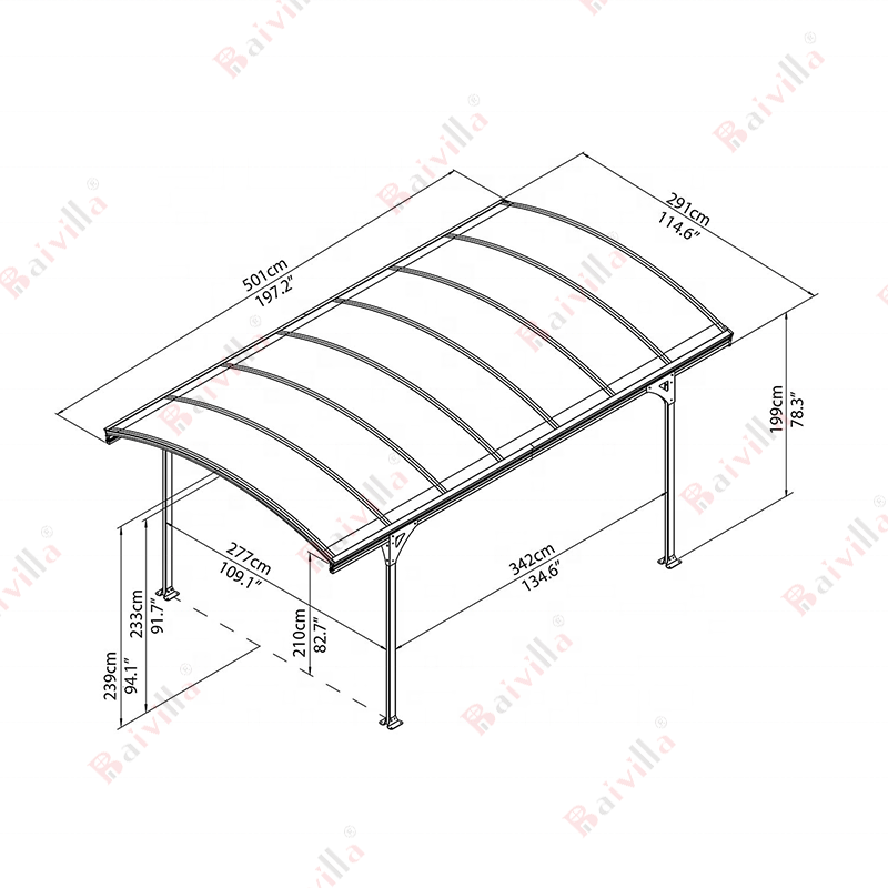 Auvent extérieur Conceptions Abri Toit Incurvé Panneau En Polycarbonate Auvent Extérieur Avec Gouttière