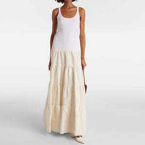 Fabricantes de ropa Personalizados Primavera Verano Otoño Casual Blanco Cuello redondo Sin mangas Plisado Escalonado <span class=keywords><strong>Pozas</strong></span> Vestido de lino escalonado - Product Image 1