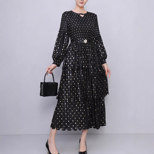 Vestido Midi Miyake Plisado de Línea A, Casual, Vintage, con Estampado de Lunares, Manga Farol y Cintura Holgada para Mujer, <span class=keywords><strong>Venta</strong></span> Directa de Fábrica - Product Image 1