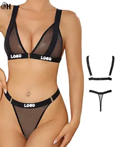 Özel Logo seksi bayanlar Bralette örgü iki parçalı şeffaf sutyen kısa setleri mektup Logo baskı sütyen tanga iç çamaşırı seti kadın için