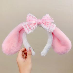 عصابة رأس كورية أنيقة بفيونكة، إكسسوار شعر بألوان حلوى مع حواف عريضة مطوية وآذان أرنب للنساء في الحفلات - Product Image 2