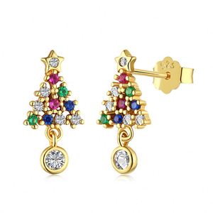 Boucles d'oreilles Dylam S925 en argent sterling plaqué or 18 carats avec diamants, pendentif sapin de Noël mignon pour femme, bijoux d'oreille - Product Image 1