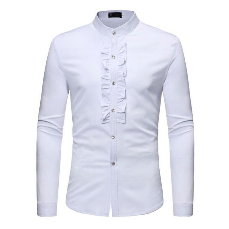Fashion Mens Ruffle Tuxedo Dress Brand New Slim Fit Long Sleeve Stand Collar Shirt Men Prom Performing Wedding Shirts