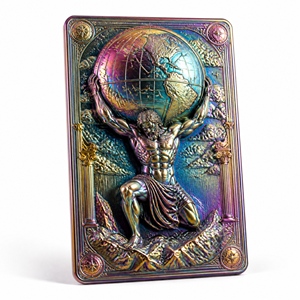 Carte de collection en métal 3D personnalisée à relief mythologique, finition PVD irisée, Zeus <span class=keywords><strong>Atlas</strong></span>, souvenir pour cadeau de luxe et collection - Product Image 1
