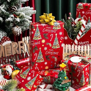 Christmas Wrapping <b>Paper</b> <b>Red</b> Art <b>Paper</b> Roll With Tree Candy Cane Snowflake Design Recyclable Offset Printing Gift Packaging - Product Image 1