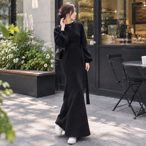 Women's Black Knitted Maxi <b>Sweater</b> Dress Long Sleeve Crew Neck Fit And Flare With Belt Autumn Wear - Product Image 3
