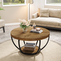 Table basse ronde, table basse circulaire en bois à 2 niveaux de 31,7 pouces avec étagères de rangement, table de cocktail moderne, table centrale