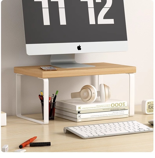 Wooden Monitor Stand Riser with Metal Frame Desktop Organizer Stand for Laptop Computer Desk Home Office Study