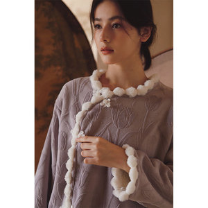 Set <span class=keywords><strong>pigiama</strong></span> stile cinese retrò autunno-inverno da donna | <span class=keywords><strong>Pile</strong></span> composito Jacquard tulipano, bottone a rana, <span class=keywords><strong>pile</strong></span> ispessito, elegante - Product Image 4