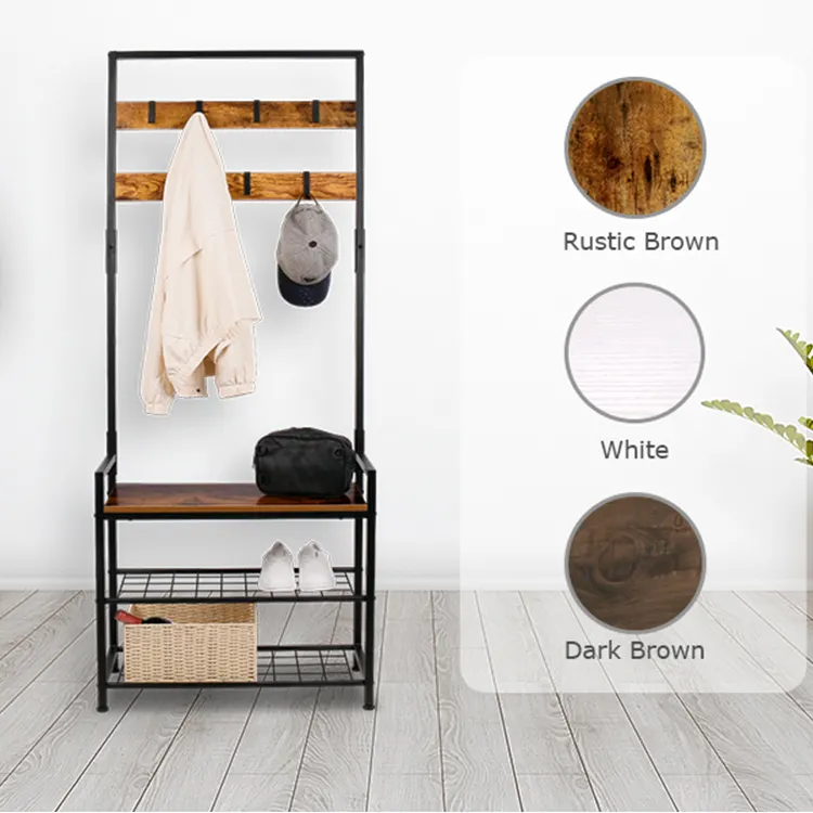 Multi-Functional Coat Rack Hall Tree Modern Entryway Tree Shoe Hat Storage Bench 3-In-1 Coat Rack With Removable Hooks