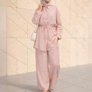 Turn Down Collar Rope Laced 2 Piece Set Women <b>Clothing</b> Wide Leg Pants Ramadan Prayer Dubai Islamic Clothes <b>Turkish</b> Abaya - Product Image 1