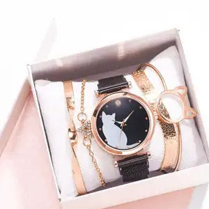 5 Stks/set Vrouwen Horloges Rose Gouden Armband Set Kat Patroon Zwart Magneet Horloge Dames Armband Horloges Luxe Quartz Klok