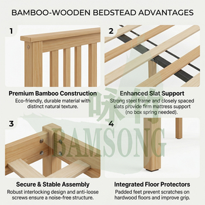 Cadre de lit plateforme minimaliste <span class=keywords><strong>en</strong></span> bambou avec tête de lit, support <span class=keywords><strong>à</strong></span> <span class=keywords><strong>lattes</strong></span> robuste, cadre de lit <span class=keywords><strong>en</strong></span> bambou écologique, conception silencieuse - Product Image 3