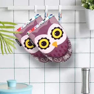 A Pair Cute Funny Purple Owl Pattern Oven Mitt Silicone Cotton Heat Resistant Non-slip Promotional Oven Glove