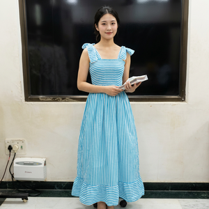 Mint Striped A-Line Midi <b>Dress</b> Square Neck Sleeveless <b>Ruffle</b> Hem Casual Summer <b>Dress</b> Woven Cotton <b>Dress</b> - Product Image 1