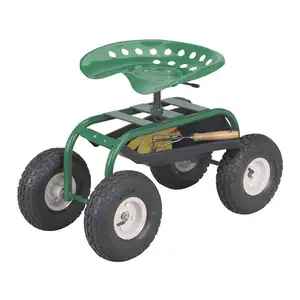4轮花园推车移动滚动工作座椅，带工具托盘储物篮橡胶轮胎