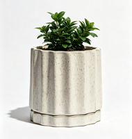Pot de fleurs en céramique crème moucheté avec soucoupe de drainage, pot cylindrique côtelé pour plantes d'intérieur