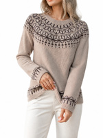 Pull col rond en jacquard Fair Isle beige vintage pour femme, pull en tricot à motif géométrique contrastant, haut d'hiver, OEM/ODM