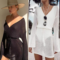 3-delige Sexy Mesh Doorzichtige Badjurk Met Massief Patroon En Lange Mouwen Strandhoes Bikini Strandkleding