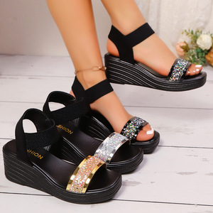 Nouvelles sandales compensées élastiques à paillettes pour femmes, style européen et américain, à plateforme et semelle épaisse, pour l'été - Product Image 4