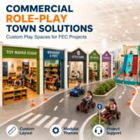 Centre de projets préscolaire modulaire pour enfants : Aire de jeux, librairie, chocolaterie, grand toboggan, ville, village de jeu de rôle