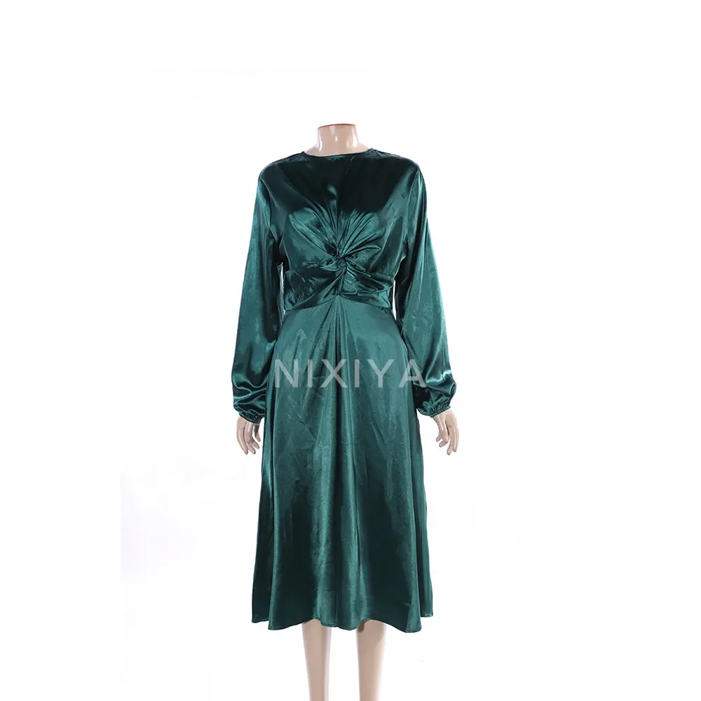 wholesale custom OEM ODM Summer ladies women soft puff sleeves silk midi A line satin casual dress