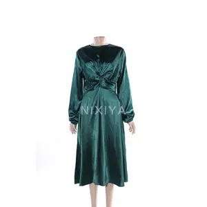 Wholesale Custom OEM ODM Summer Ladies Women Soft Puff Sleeves Silk Midi A Line Satin Casual Dress