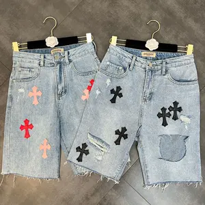 Custom Design Summer Y2K Ripped Damage Denim Shorts High Street Cross Patch With Embroidery Bermuda Shorts Jeans